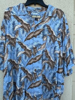Tommy Bahama Blue and Brown Tropical Leaf Camp Shirt